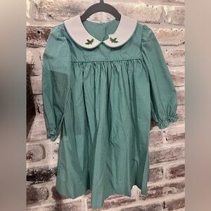 Stitchyfish 3T holiday gingham dress with hollies on Peter Pan collar